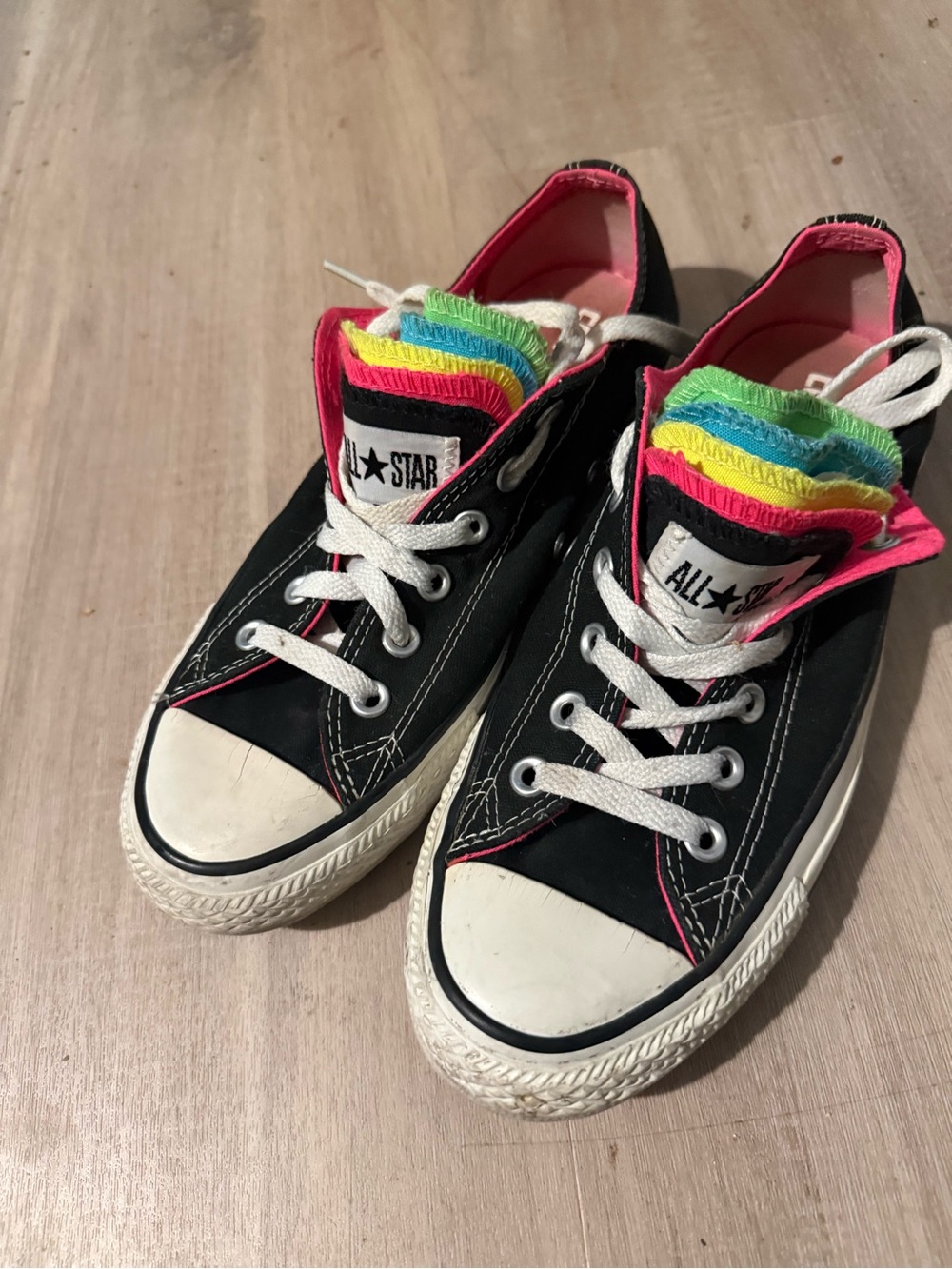Converse Black Low Top Sneakers with Rainbow Layered Tongue - Picture 2 of 3